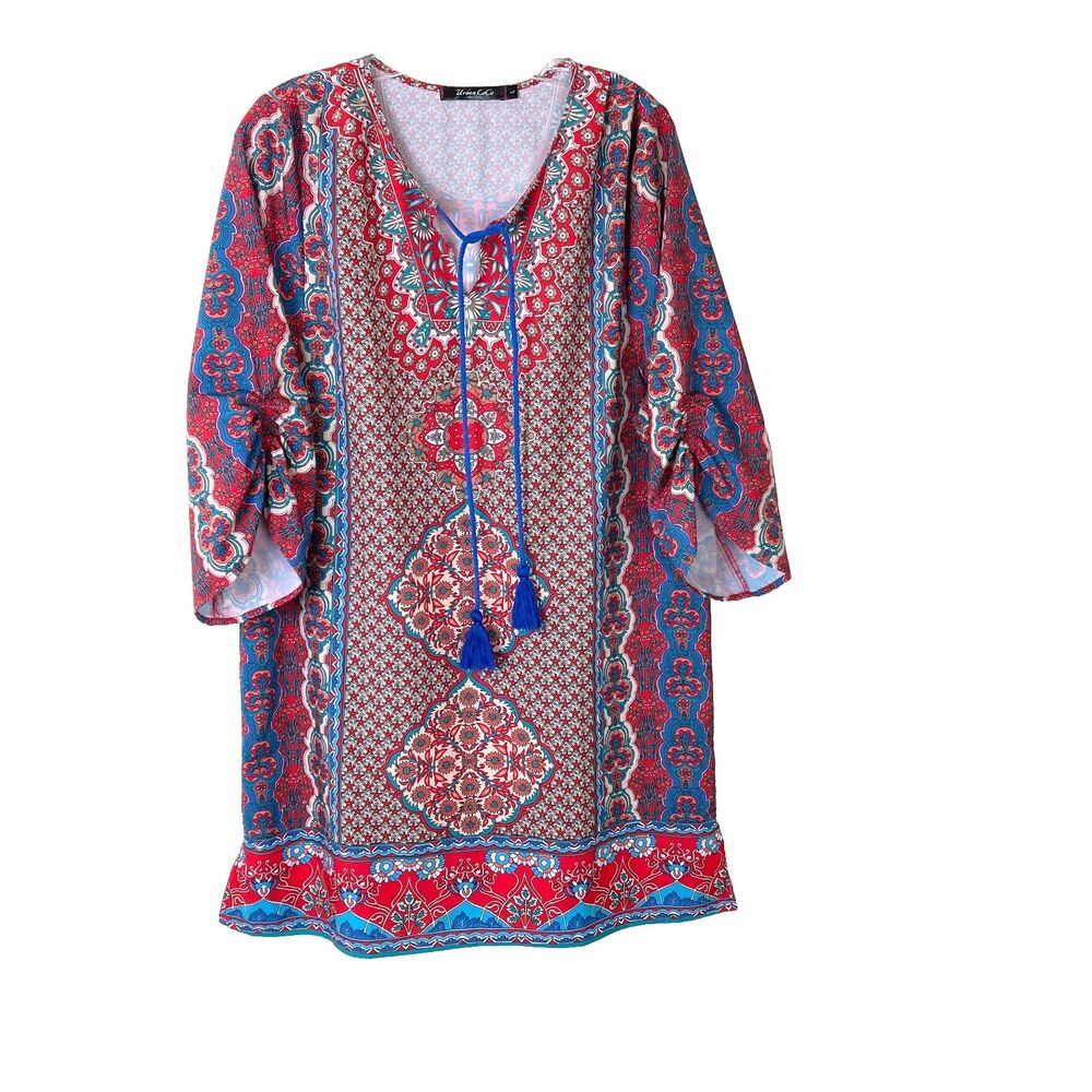 Urban Coco Colorful Bohemian Tunic Dress Size L Red Blue Tassels Ruched Sleeves
